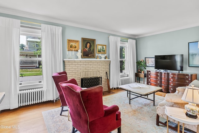 1101 Ardsley Rd, Schenectady, NY 12308 - living area featuring crown molding, radiator heating unit, wood finished floors, and a brick fireplace