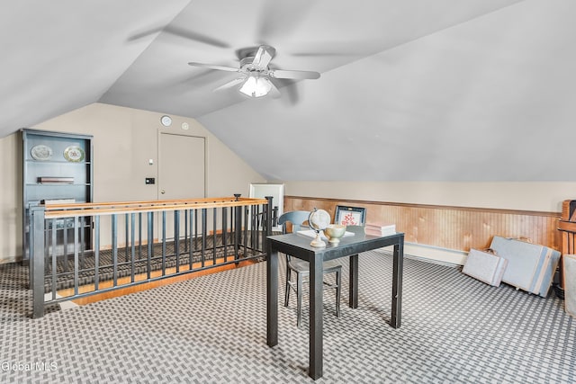 1101 Ardsley Rd, Schenectady, NY 12308 - home office featuring a ceiling fan, vaulted ceiling, and carpet