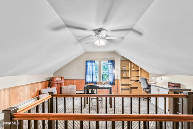 1101 Ardsley Rd, Schenectady, NY 12308 - bonus room featuring ceiling fan, a desk, lofted ceiling, wainscoting, and wooden walls