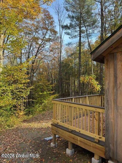 215 Ridge Rd, Minerva, NY 12851 - wooden deck with a forest view