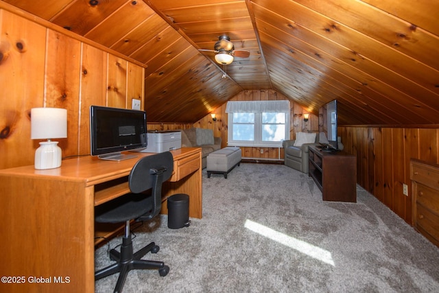 23 Mcmillen Pl, Bethlehem, NY 12054 - office featuring carpet flooring, vaulted ceiling, wood ceiling, wood walls, and ceiling fan