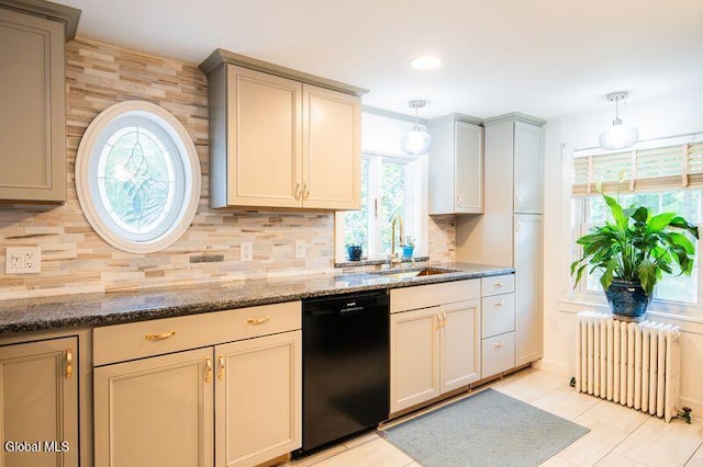1264 Pilot Knob Rd, Fort Ann, NY 12844 - kitchen featuring dishwasher, radiator heating unit, tasteful backsplash, stone countertops, and decorative light fixtures