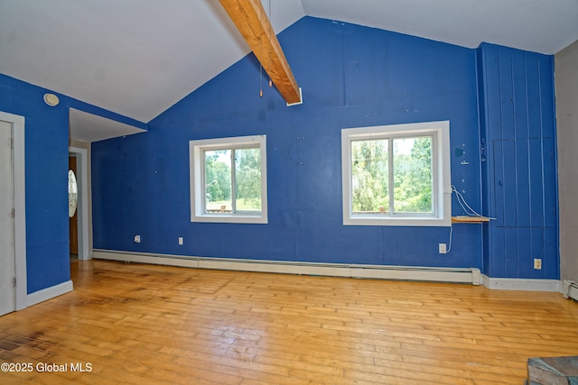 962 Camden Valley Rd, Salem, NY 12873 - unfurnished room with baseboard heating, wood-type flooring, beamed ceiling, high vaulted ceiling, and a smoke detector