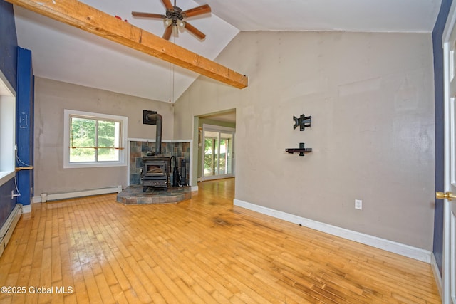 962 Camden Valley Rd, Salem, NY 12873 - unfurnished living room featuring a baseboard radiator, a wood stove, a ceiling fan, and light wood-style flooring