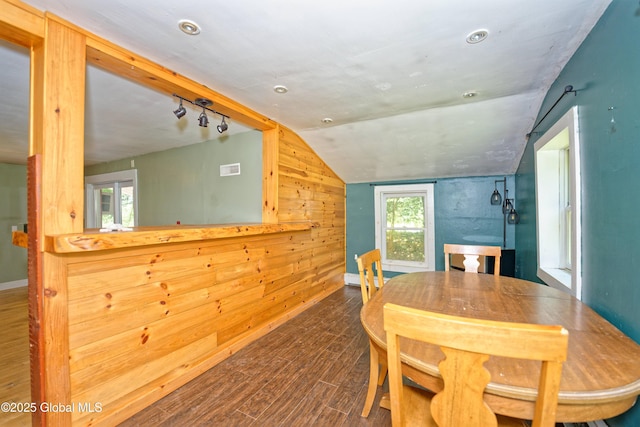 962 Camden Valley Rd, Salem, NY 12873 - dining room featuring wood finished floors, lofted ceiling, and wood walls