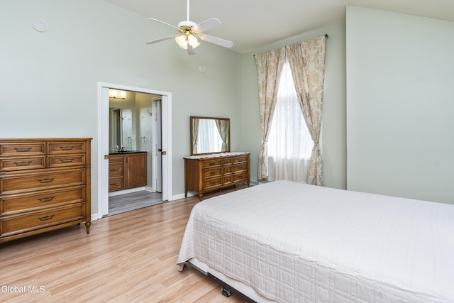 1 Maple Dr, Greenfield, NY 12833 - bedroom featuring light wood-type flooring, connected bathroom, ceiling fan, and high vaulted ceiling