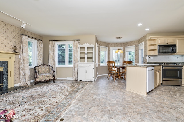 1 Maple Dr, Greenfield, NY 12833 - kitchen featuring black microwave, stainless steel range oven, dishwasher, plenty of natural light, and wallpapered walls