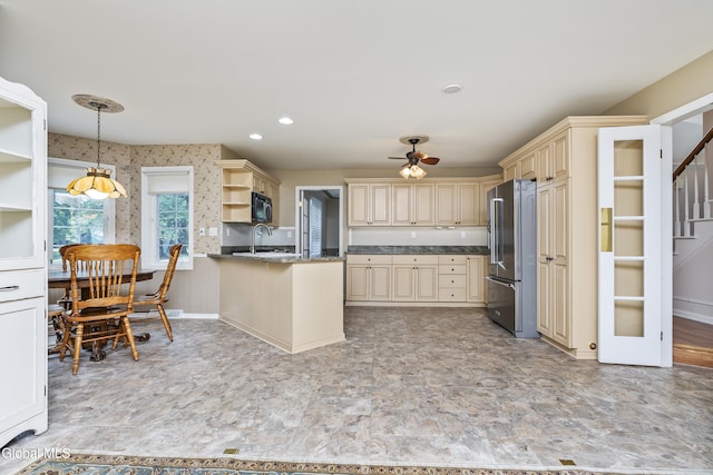 1 Maple Dr, Greenfield, NY 12833 - kitchen featuring cream cabinets, open shelves, high end fridge, a peninsula, and ceiling fan