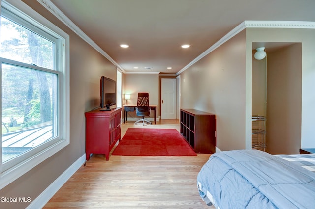 1171 Lowell Rd, Schenectady, NY 12308 - bedroom with multiple windows, ornamental molding, recessed lighting, light wood finished floors, and an office area