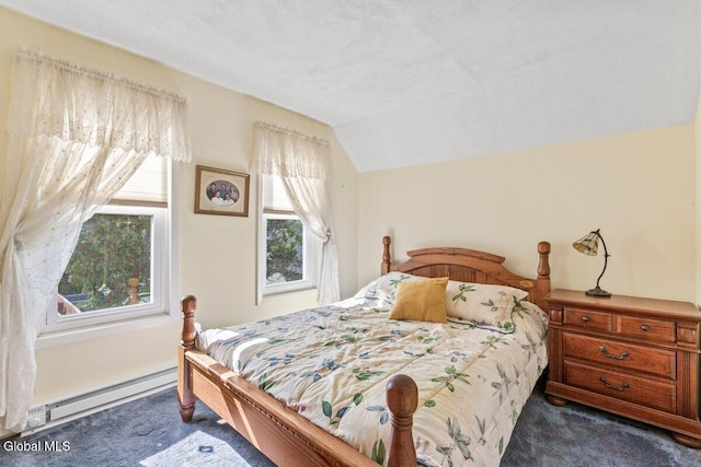 236 Cherry St, Schenectady, NY 12306 - bedroom with carpet, a baseboard radiator, and lofted ceiling
