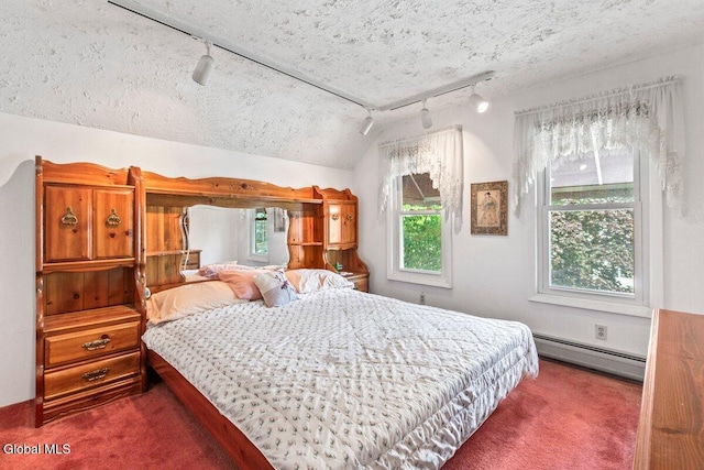 236 Cherry St, Schenectady, NY 12306 - bedroom with a baseboard heating unit, rail lighting, carpet, a textured ceiling, and vaulted ceiling