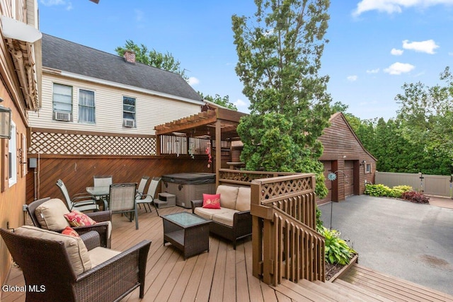 236 Cherry St, Schenectady, NY 12306 - wooden deck featuring a hot tub, a pergola, a detached garage, and cooling unit