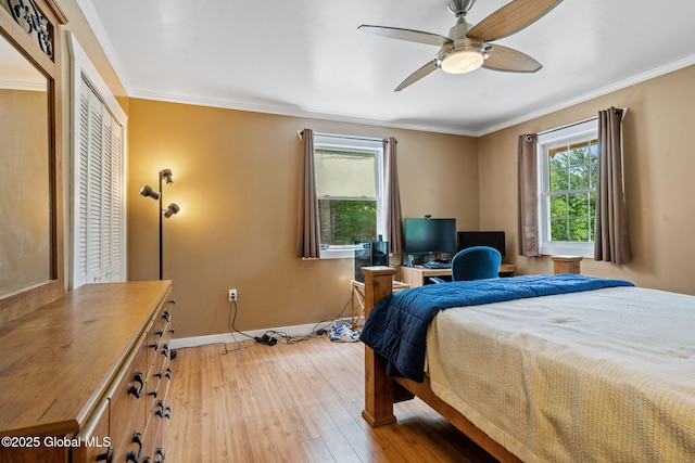 1927 Berne Altamont Rd, Altamont, NY 12009 - bedroom with light wood finished floors, crown molding, ceiling fan, a desk, and a closet