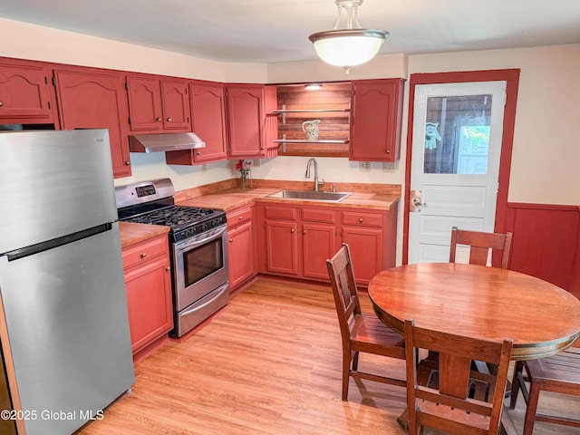 4882 Potter Hollow Rd, Rensselaerville, NY 12469 - kitchen with stainless steel appliances, under cabinet range hood, open shelves, light wood-type flooring, and light countertops