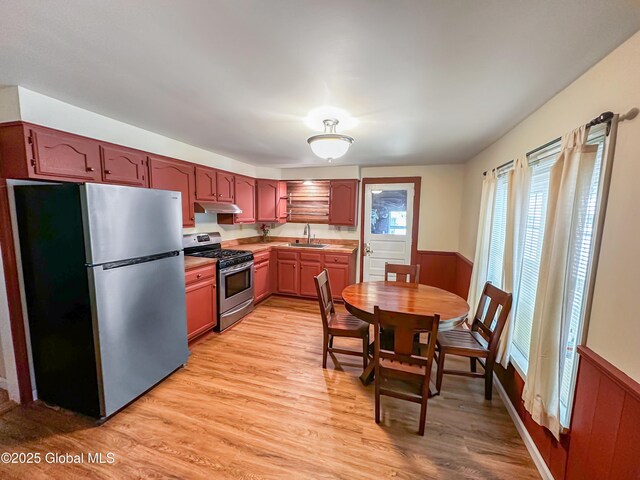 4882 Potter Hollow Rd, Rensselaerville, NY 12469 - kitchen with stainless steel appliances, light wood-type flooring, under cabinet range hood, wainscoting, and light countertops