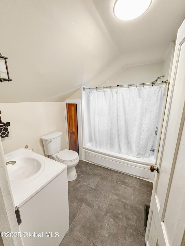 4882 Potter Hollow Rd, Rensselaerville, NY 12469 - full bath with lofted ceiling, vanity, shower / bathtub combination with curtain, and stone finish flooring