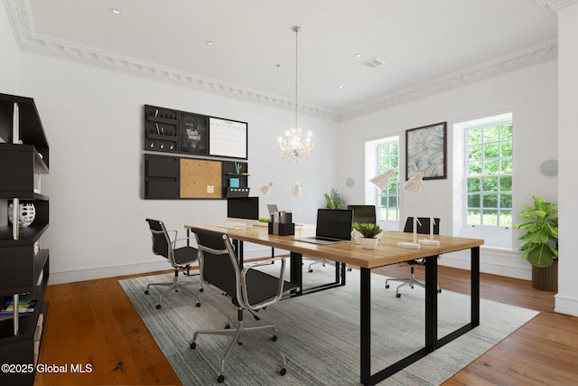 410 Jones Hill Rd, Jefferson, NY 12093 - office with hardwood / wood-style floors, crown molding, and a chandelier