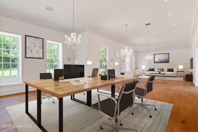 410 Jones Hill Rd, Jefferson, NY 12093 - home office with a chandelier, light wood-type flooring, healthy amount of natural light, ornamental molding, and recessed lighting