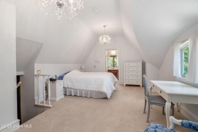 372 Jones Hill Rd, Jefferson, NY 12093 - bedroom with a chandelier, carpet flooring, and lofted ceiling