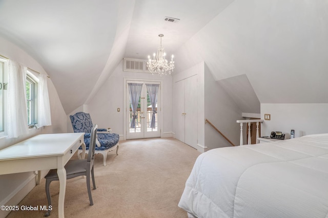 372 Jones Hill Rd, Jefferson, NY 12093 - bedroom with lofted ceiling, multiple windows, a chandelier, light carpet, and access to outside