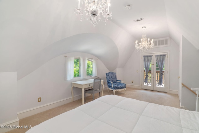 372 Jones Hill Rd, Jefferson, NY 12093 - carpeted bedroom featuring a chandelier, access to exterior, lofted ceiling, and french doors
