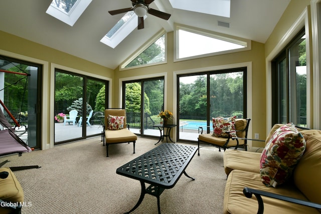 14 Friar Tuck Ct, Clifton Park, NY 12065 - sunroom / solarium featuring a skylight, carpet, and high vaulted ceiling