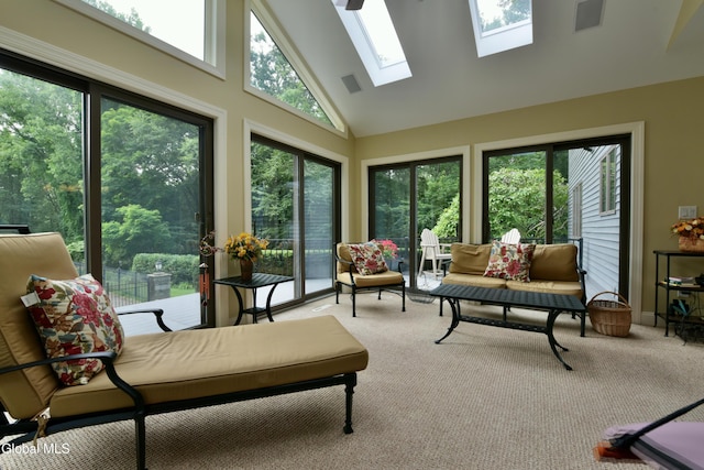 14 Friar Tuck Ct, Clifton Park, NY 12065 - sunroom / solarium with plenty of natural light, high vaulted ceiling, carpet floors, and a skylight