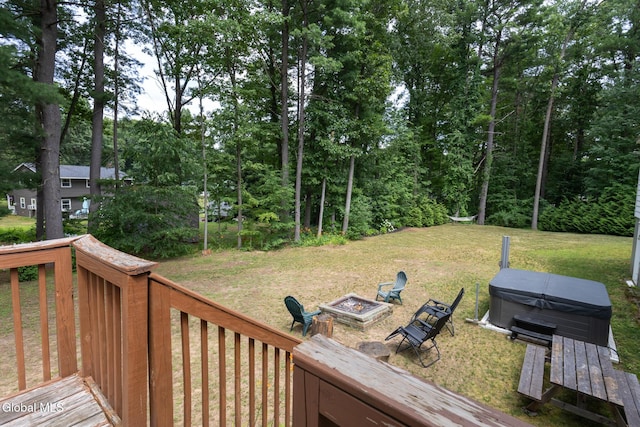 7 Shady Gln, Clifton Park, NY 12019 - wooden terrace with a hot tub, a fire pit, and a yard