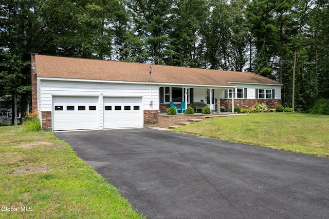 7 Shady Gln, Clifton Park, NY 12019 - ranch-style home with brick siding, a porch, asphalt driveway, a garage, and a front yard