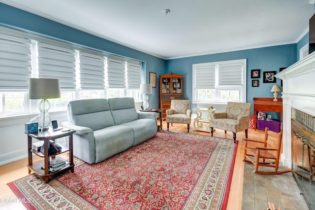 1151 Oxford Pl, Schenectady, NY 12308 - living room featuring plenty of natural light, wood finished floors, a fireplace, and ornamental molding