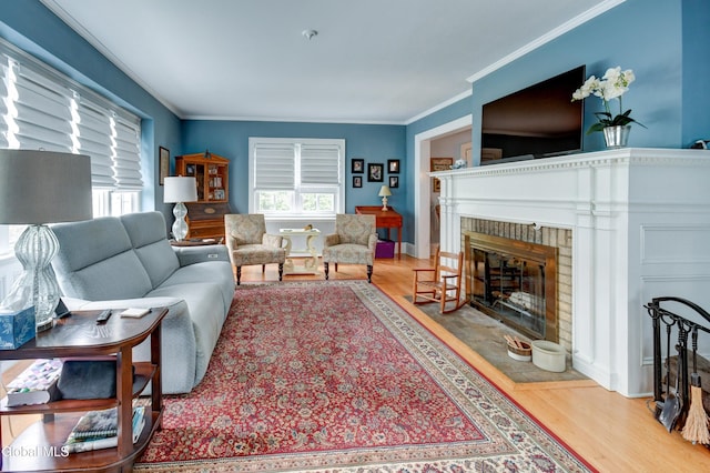 1151 Oxford Pl, Schenectady, NY 12308 - living room featuring a fireplace, wood finished floors, and ornamental molding