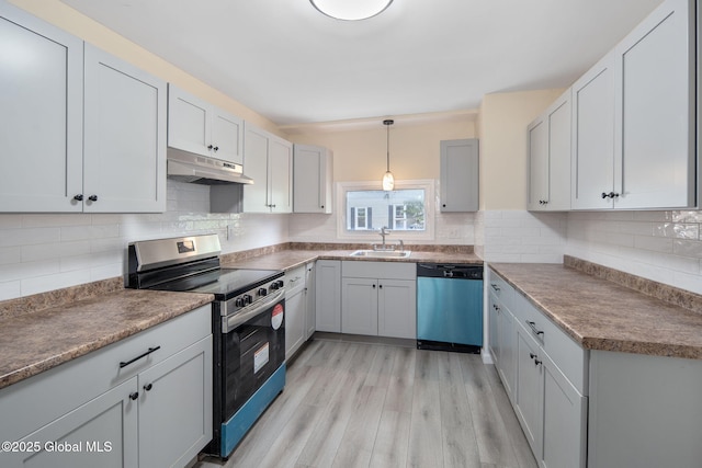 1707 Helderberg Trl, Berne, NY 12023 - kitchen featuring dishwashing machine, electric stove, under cabinet range hood, light wood-type flooring, and decorative backsplash