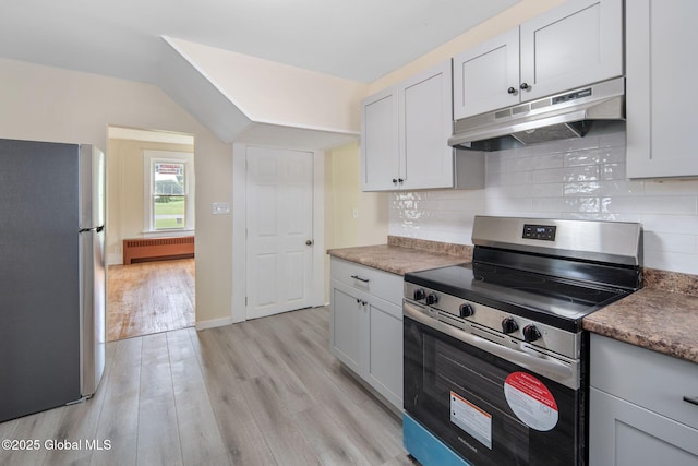 1707 Helderberg Trl, Berne, NY 12023 - kitchen with stainless steel appliances, under cabinet range hood, radiator, light wood-style flooring, and backsplash