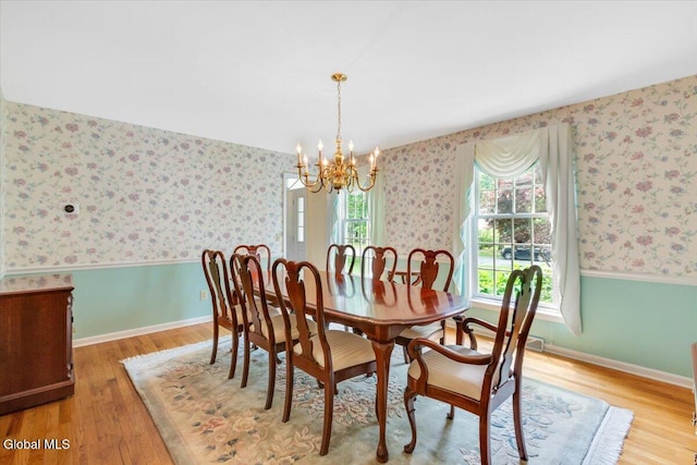 630 Salvia Ln, Guilderland, NY 12303 - dining space featuring wallpapered walls, a chandelier, wood finished floors, and wainscoting