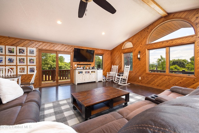 345 Goodman Rd, Fort Ann, NY 12827 - living room featuring wood walls, wood finished floors, ceiling fan, and recessed lighting