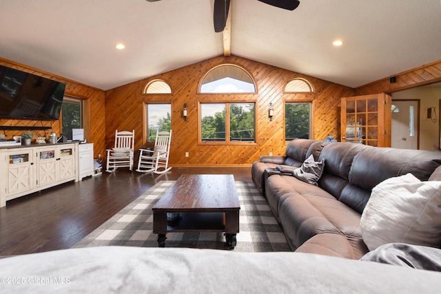 345 Goodman Rd, Fort Ann, NY 12827 - living room featuring wood walls, healthy amount of natural light, dark wood-type flooring, and a ceiling fan
