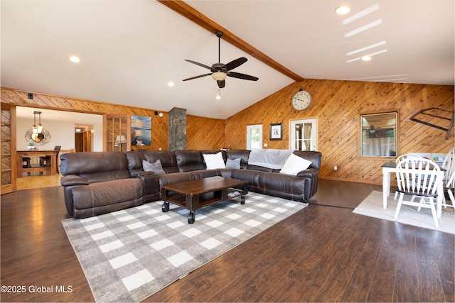 345 Goodman Rd, Fort Ann, NY 12827 - living area with wooden walls, a ceiling fan, and wood finished floors