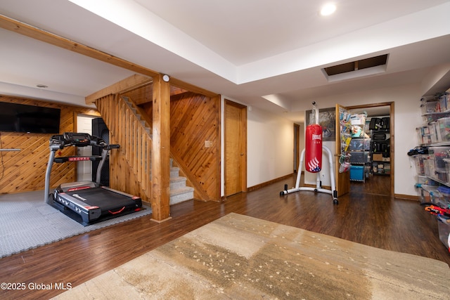 345 Goodman Rd, Fort Ann, NY 12827 - exercise area featuring wood finished floors and wood walls