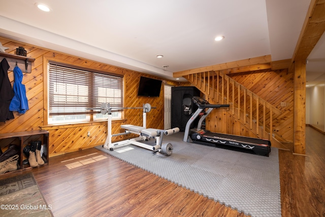 345 Goodman Rd, Fort Ann, NY 12827 - exercise room featuring wooden walls, wood finished floors, and recessed lighting