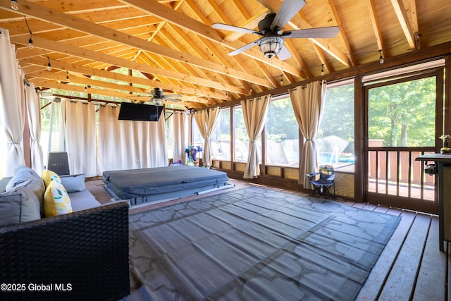 345 Goodman Rd, Fort Ann, NY 12827 - sunroom featuring a ceiling fan, wooden ceiling, and a deck