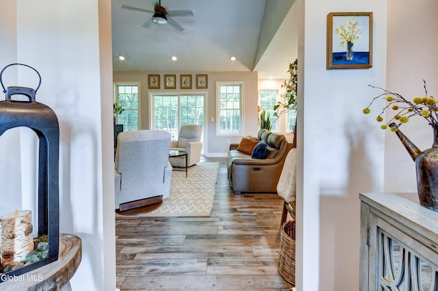 2794 W Lydius St, Schenectady, NY 12306 - living room featuring wood finished floors, recessed lighting, vaulted ceiling, and ceiling fan