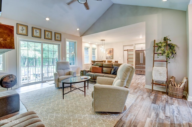 2794 W Lydius St, Schenectady, NY 12306 - living area featuring ceiling fan, light wood-style flooring, recessed lighting, and high vaulted ceiling