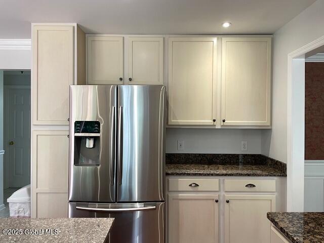 6 Patroon Way, Halfmoon, NY 12065 - kitchen featuring stainless steel fridge with ice dispenser, dark stone counters, white cabinetry, and recessed lighting
