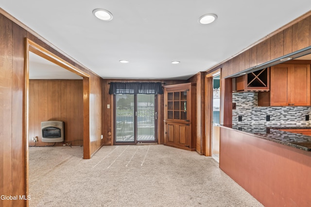 2289 Hickory Hill Rd, Mohawk, NY 12068 - interior space featuring heating unit, light colored carpet, wood walls, and recessed lighting