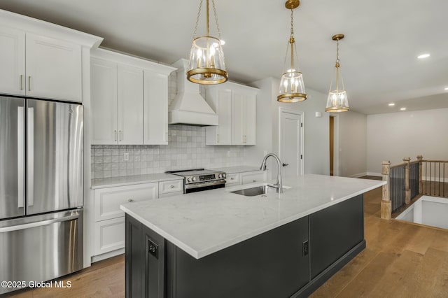 606 Vly Pointe Dr, Niskayuna, NY 12309 - kitchen featuring stainless steel appliances, custom range hood, tasteful backsplash, white cabinetry, and wood finished floors