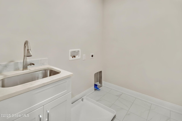 606 Vly Pointe Dr, Niskayuna, NY 12309 - laundry room with hookup for an electric dryer, washer hookup, cabinet space, and marble look tile flooring