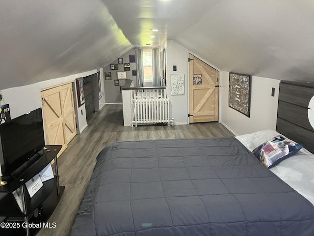 56 Pershing Dr, Scotia, NY 12302 - bedroom featuring radiator heating unit, wood finished floors, and vaulted ceiling