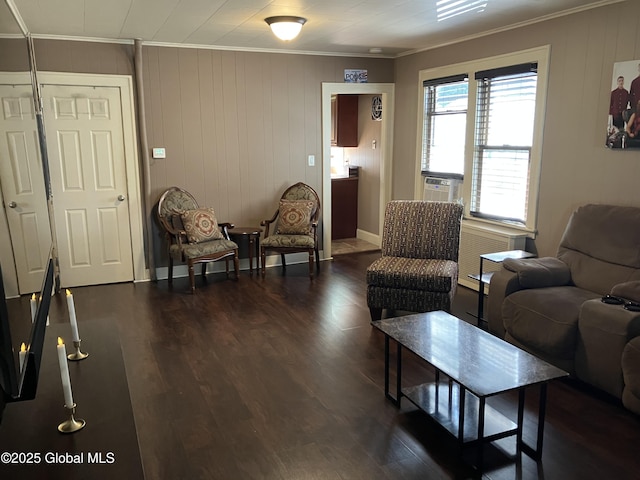 56 Pershing Dr, Scotia, NY 12302 - living area featuring crown molding, dark wood-type flooring, cooling unit, and wood walls