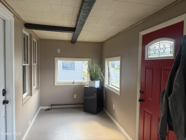 56 Pershing Dr, Scotia, NY 12302 - foyer entrance featuring a baseboard radiator, light wood-type flooring, and beam ceiling