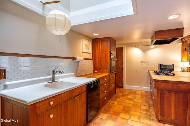 203 Center Rd, White Creek, NY 12057 - kitchen with dishwasher, oven, backsplash, brown cabinets, and wood counters